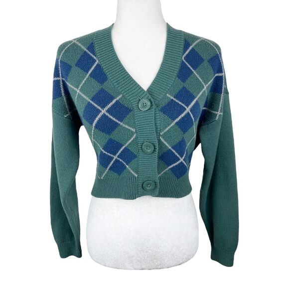 Hollister Sweater Women Small Green Blue Argyle Button Up Cardigan Grampa Crop - Picture 1 of 14